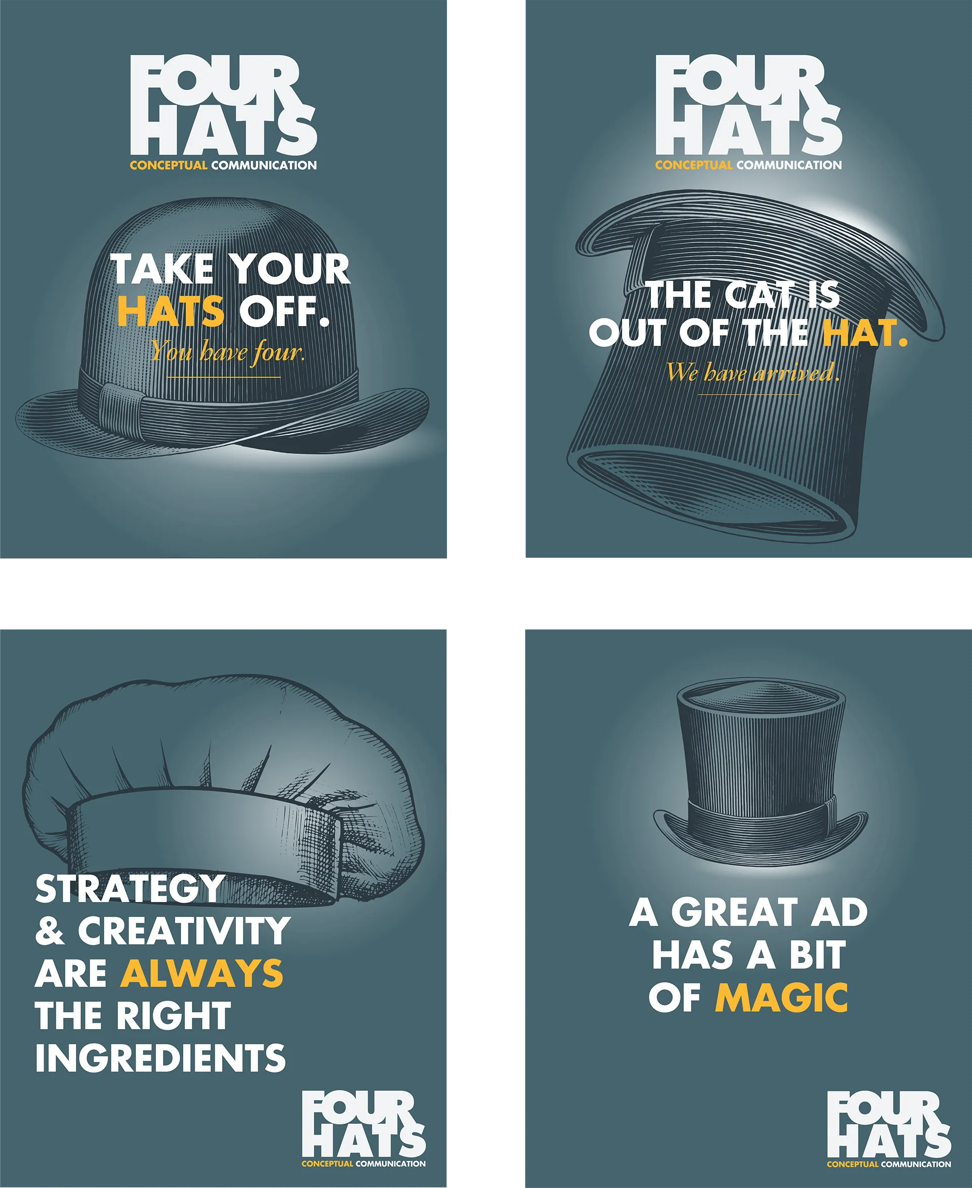 Advertising posters with hat visuals and slogans