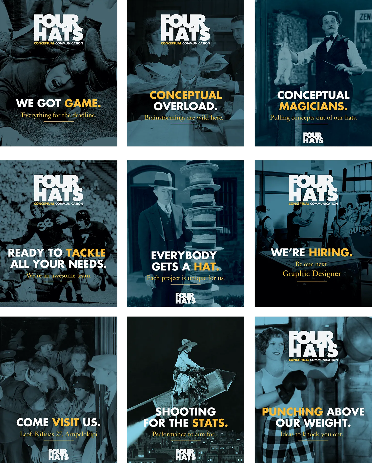 Advertising posters with chef hat and top hat visuals