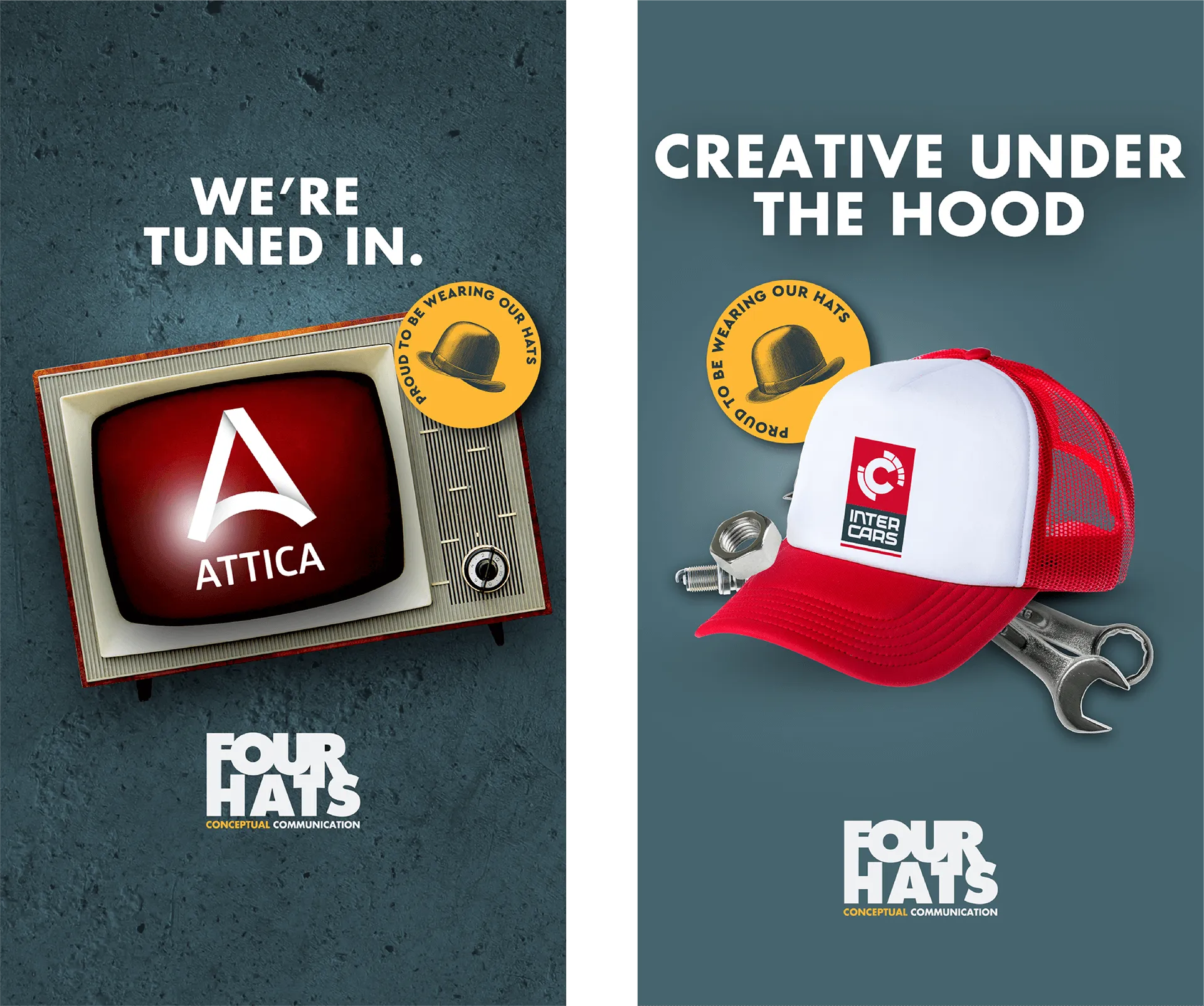 Black and white advertising posters with vintage photos and bold text