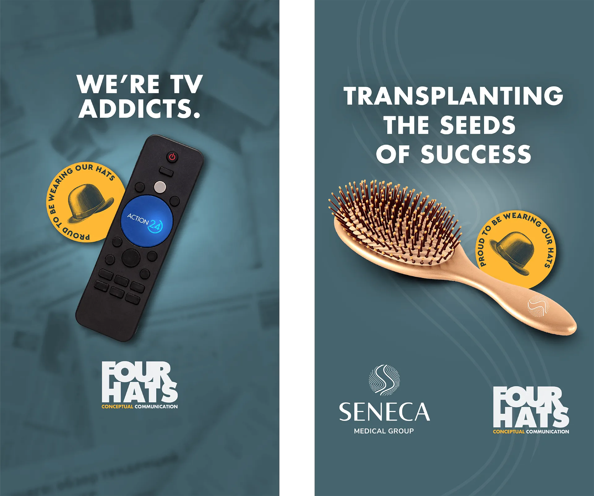 Advertising posters featuring vintage photos with overlay text and logos