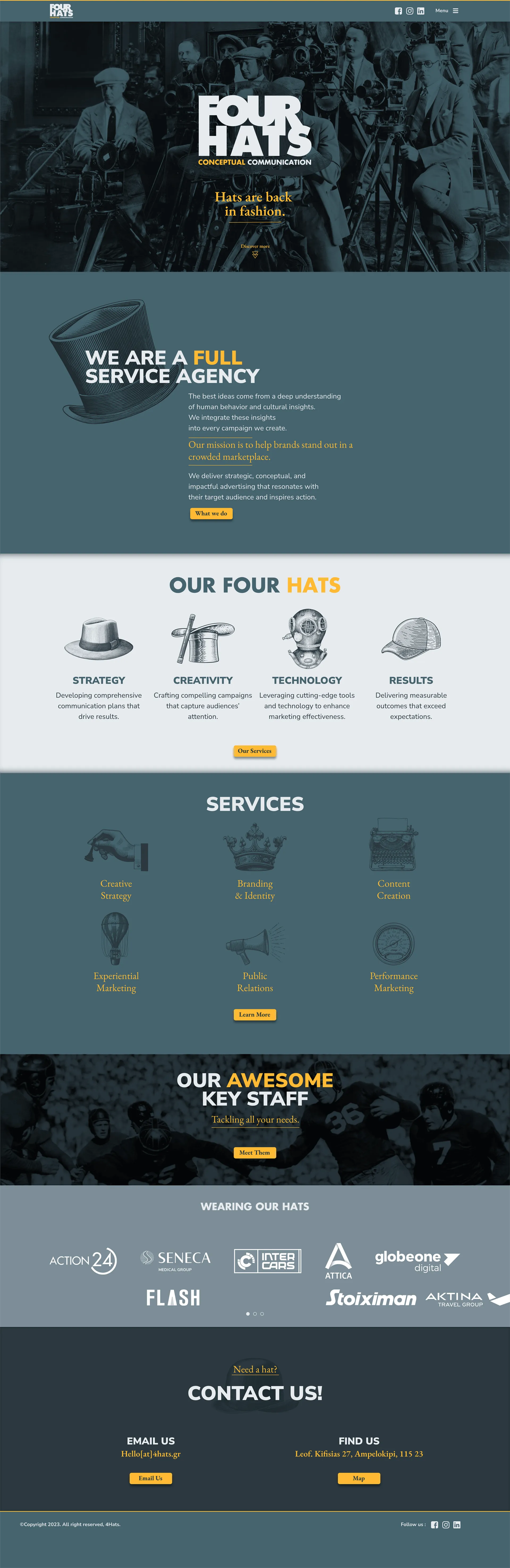 Long scrollable image showing the Four Hats website homepage design