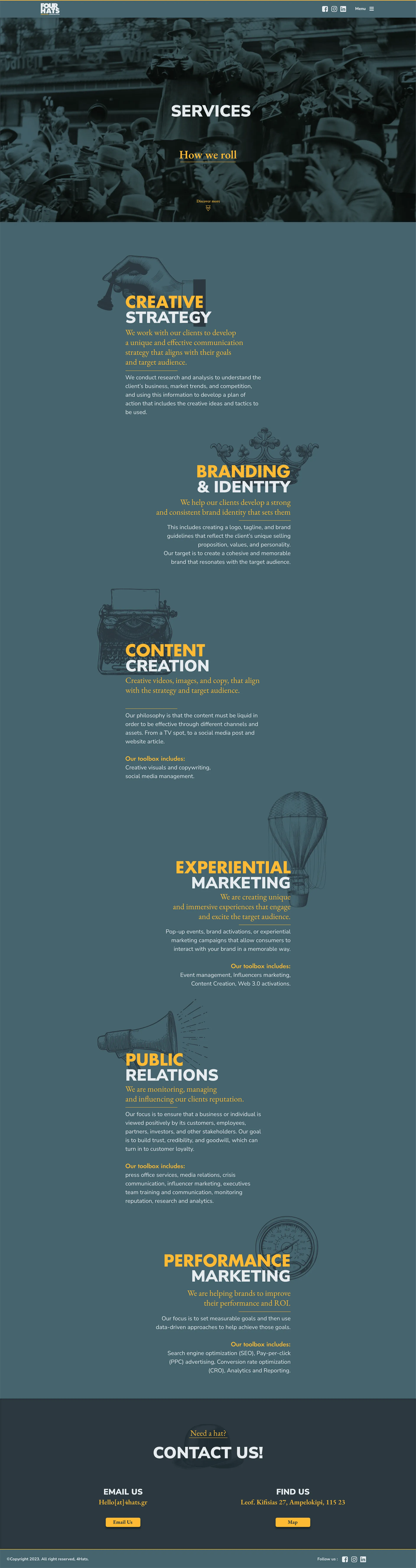 Long scrollable image showing the Four Hats website services page design