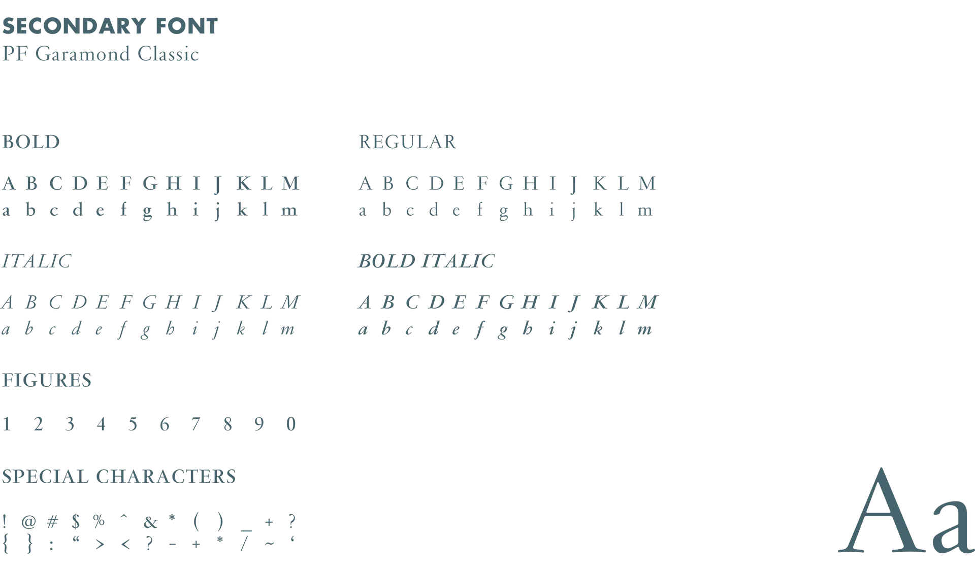 Secondary font display showing CF Garamond Classic alphabet and numbers