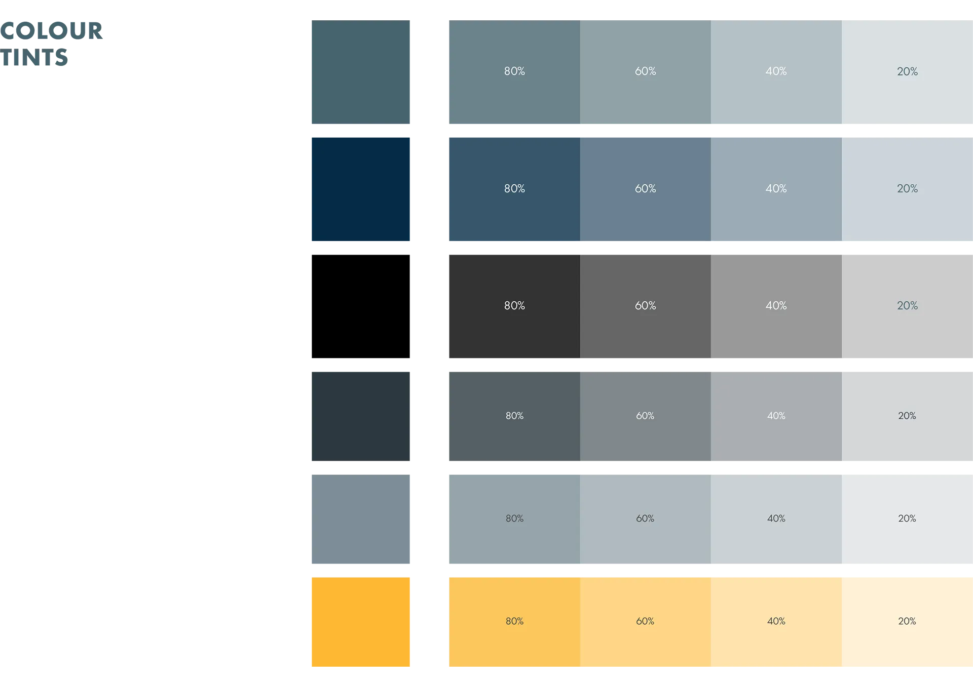 Color tints chart showing 20% to 80% tints of brand colors