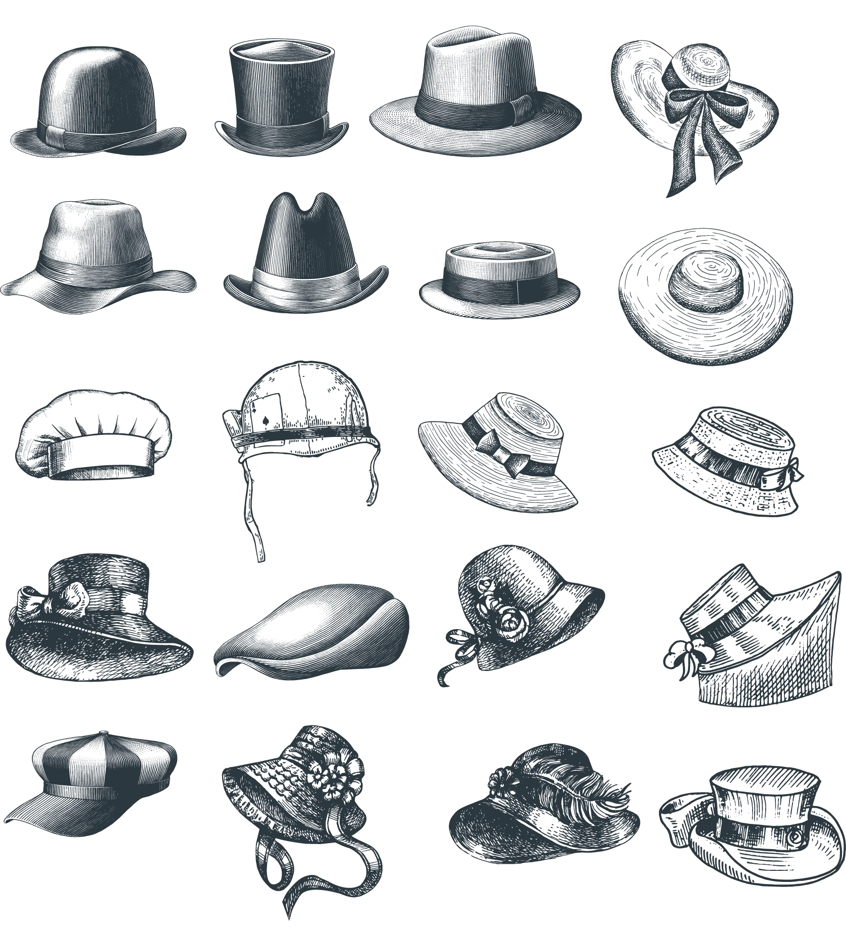 Icon set featuring various styles of hats