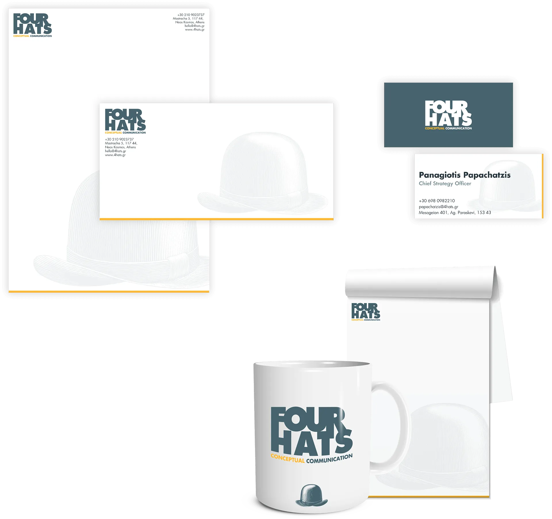 Corporate stationery mockups including letterhead, envelopes, business cards, and a mug