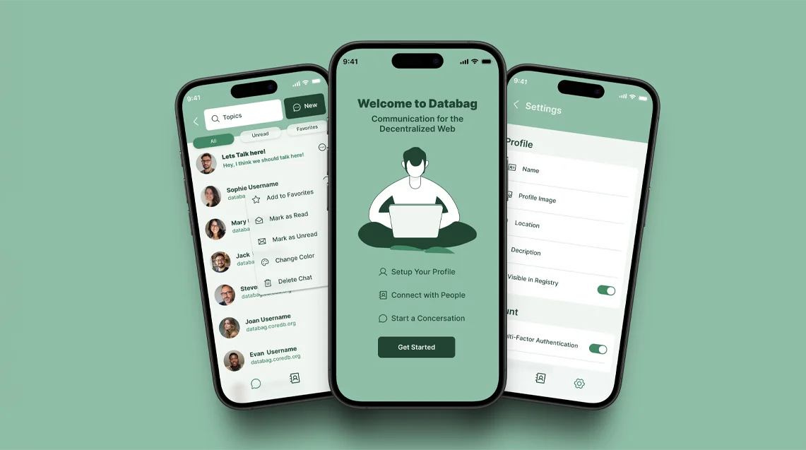 Three mobile screens displaying Databag app interface in green theme