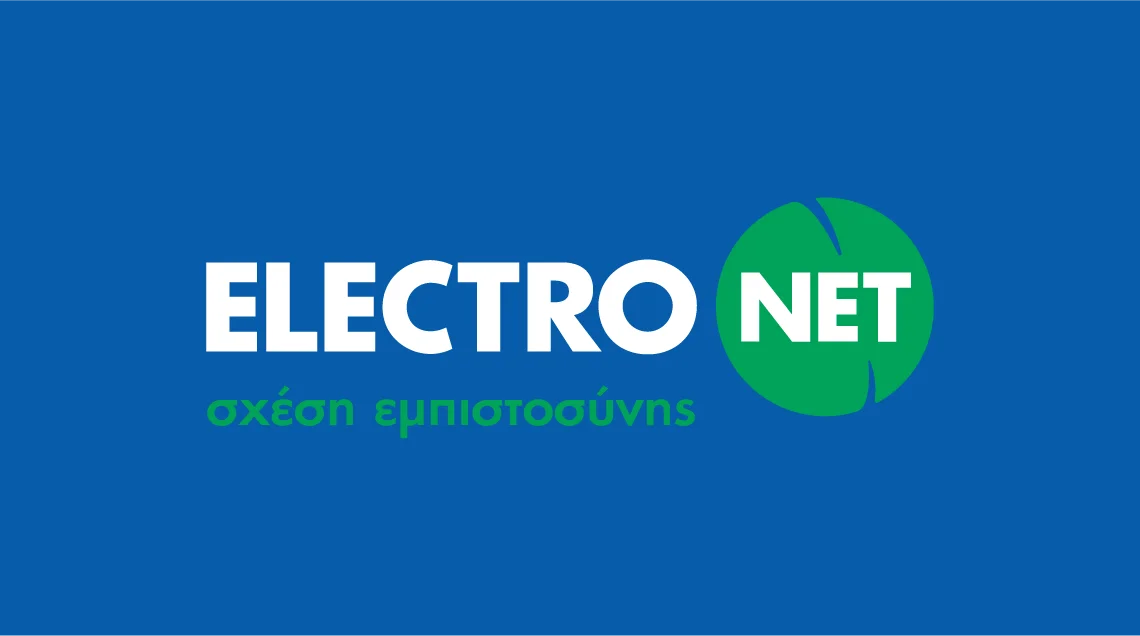 Electronet logo with green circle graphic on blue background