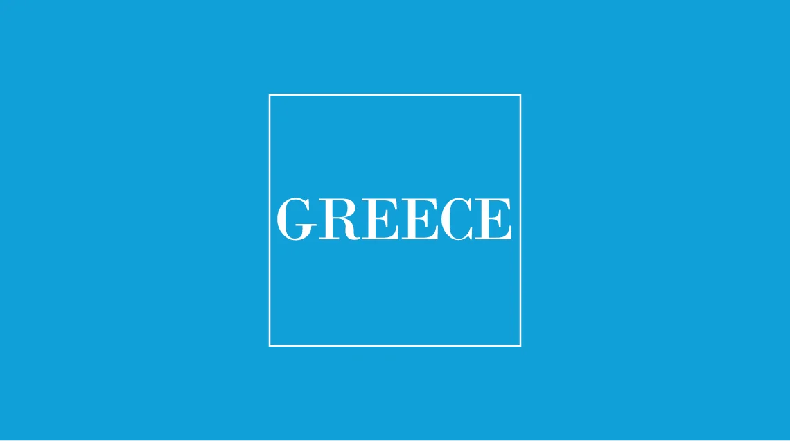 Greece text in white square outline on blue background