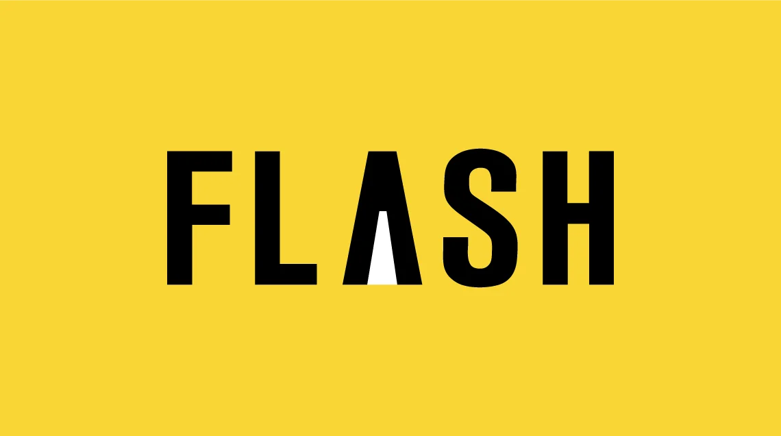 Flash logo in black on yellow background with stylized A