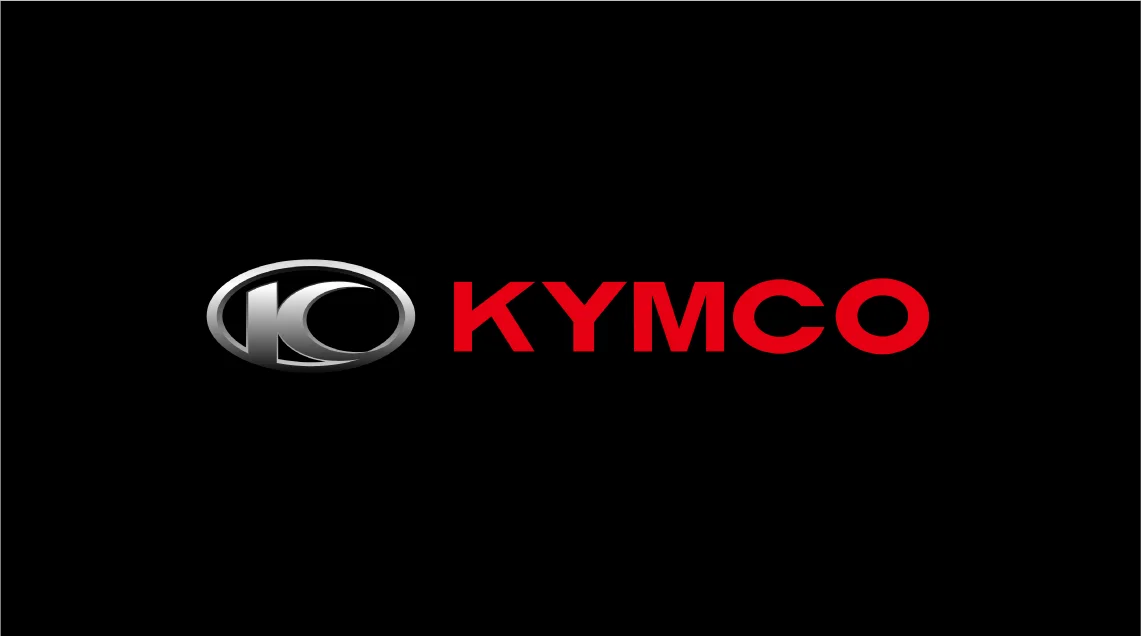 Kymco logo with silver K icon and red text on black background