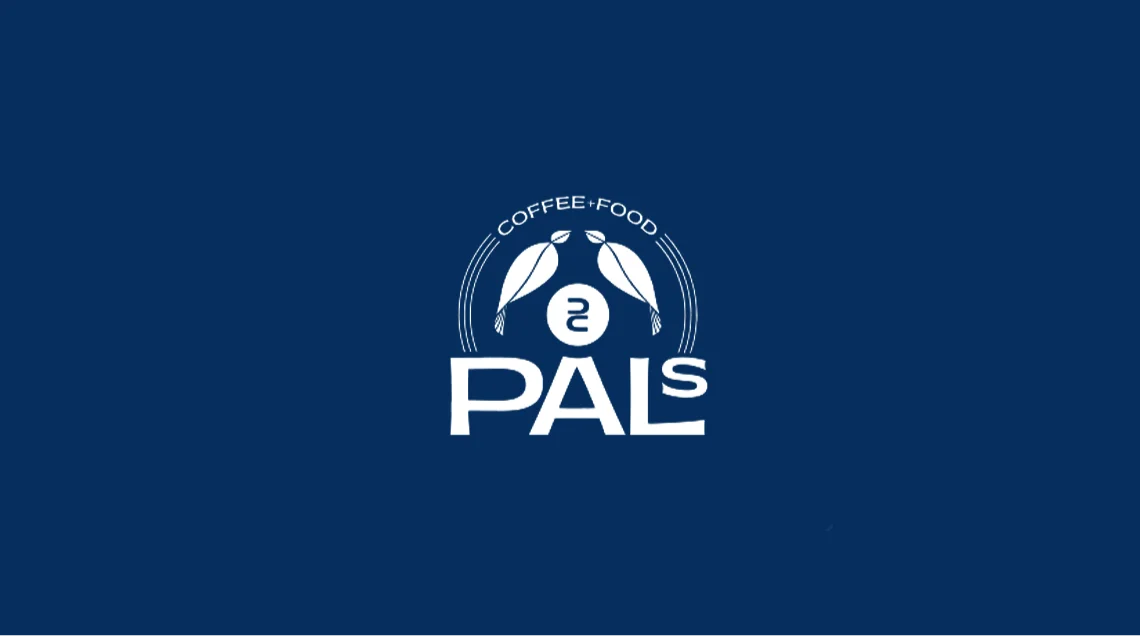 Pals Coffee and Food logo with two birds on dark blue background